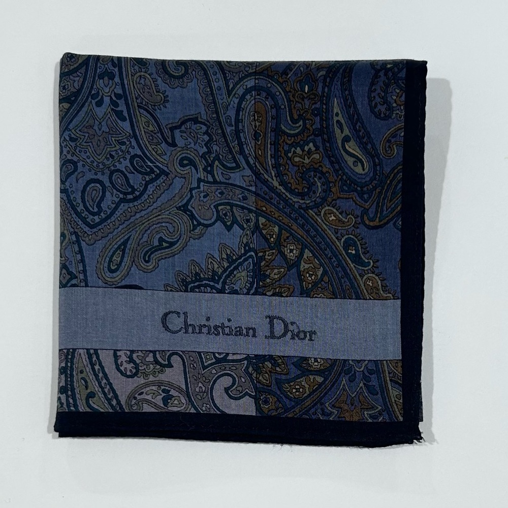 Handkerchief Man Christian Dior Paisley Blue Navy Black Pocket Square Cotton 18”